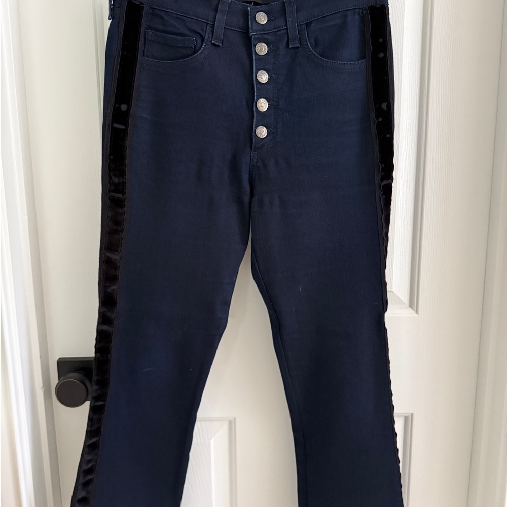 Veronica Beard Navy Blue Jeans with Black Velvet Trim